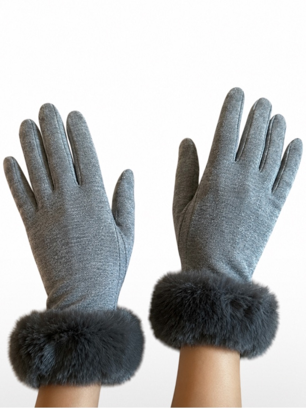 Adrienne Vittadini Gray Gloves Touchscreen Stretch with Faux Fur Trim ONE SIZE